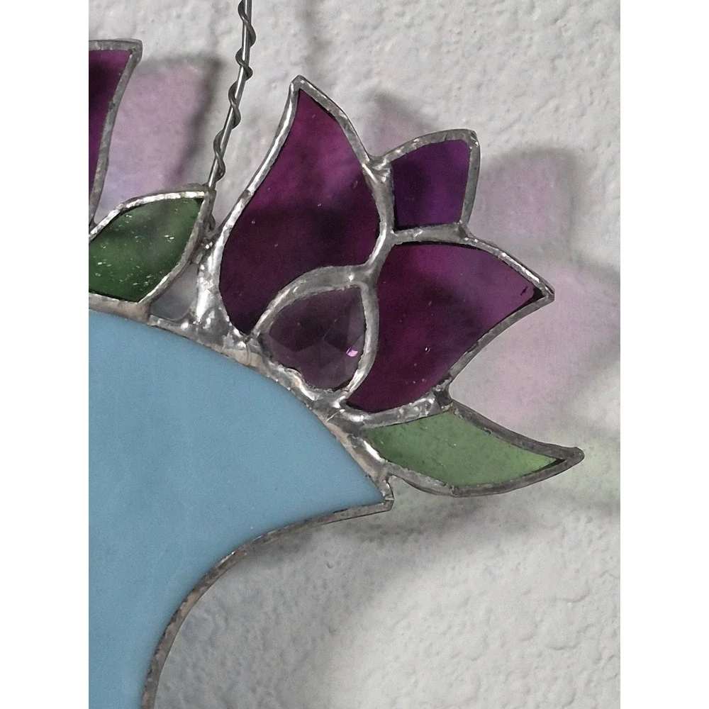 Vintage Stained Glass Tulip Flower Basket Suncatcher Purple Blue Wall Hanging